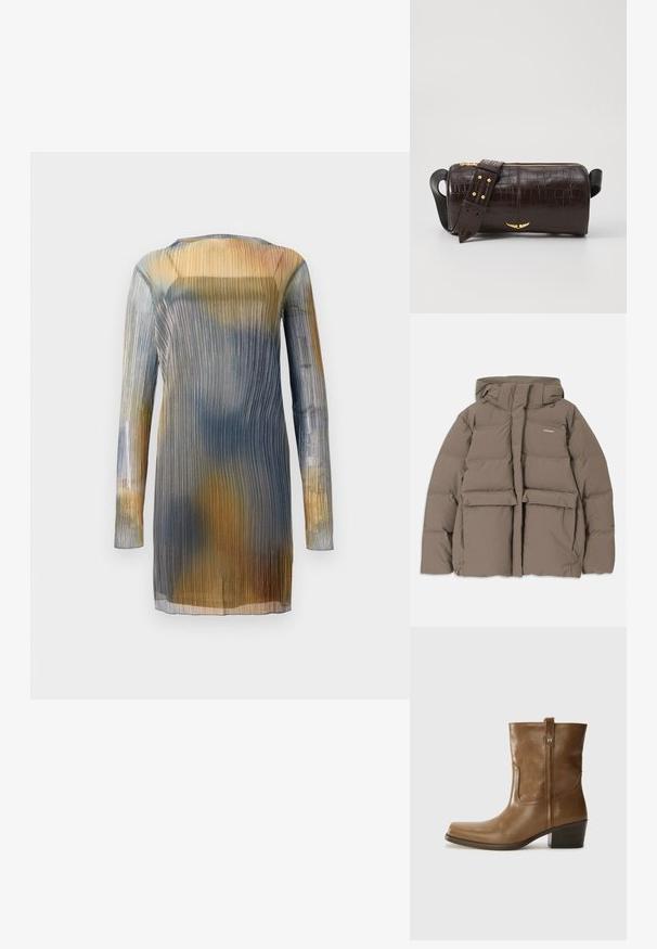 Brown puffer jacket with a hood, featuring a front zipper, two large front pockets, and a smooth matte texture. Brand logo on chest.; Transparent, pleated dress with long sleeves, featuring a gradient of blue, yellow, and brown hues. Rounded neckline; lightweight, flowing fabric.; Brown leather ankle boot with a square toe, textured finish, and a low stacked heel. Features a rear pull tab and subtle stitching details.; Brown crocodile-embossed leather bag with a cylindrical shape, gold-tone hardware, and a detachable strap featuring studs.