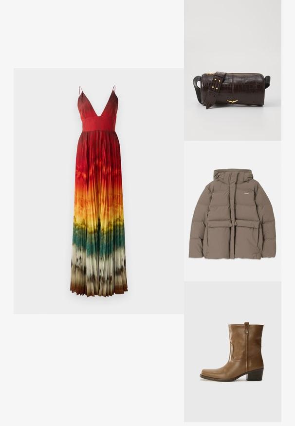 Hnědá pufovaná bunda s kapucí, se zipem vpředu, dvěma velkými předními kapsami a hladkým matným povrchem. Logo značky na hrudi.; Maxi šaty s hlubokým výstřihem ve tvaru V, zdobené sklady. Barevný přechod od červené k oranžové, který přechází do zelené a hnědé na lemu. Nastavitelné ramínka.; Hnědé kožené kotníkové boty se čtveratou špičkou, texturovaným povrchem a nízkým zvýšeným podpatkem. Mají zadní poutko na obouvání a jemné prošívání.; Hnědá kabelka z krokodýlí kůže s embosováním, cylindrického tvaru, se zlacenými kovovými prvky a odnímatelným popruhem se hroty.