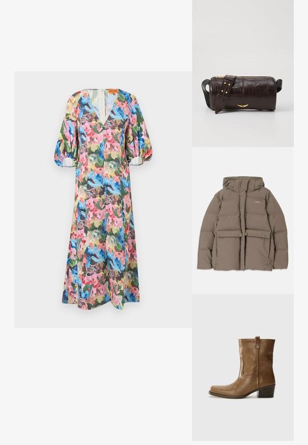 Giacca a vento marrone con cappuccio, dotata di una cerniera frontale, due grandi tasche anteriori e una texture opaca liscia. Logo del brand sul petto.; Abito a fiori in colori vivaci come rosa, blu e verde. Presenta un colletto a V, maniche voluminose e una lunghezza fino al ginocchio. Tessuto leggero.; Stivale alla caviglia in pelle marrone con punta quadrata, finitura testurizzata e tacco basso incassato. Dotato di un pratico tassello posteriore e dettagli di cucitura sottili.; Borsa in pelle stampata a coccodrillo marrone con forma cilindrica, accessori in tonalità oro e una tracolla staccabile con borchie.