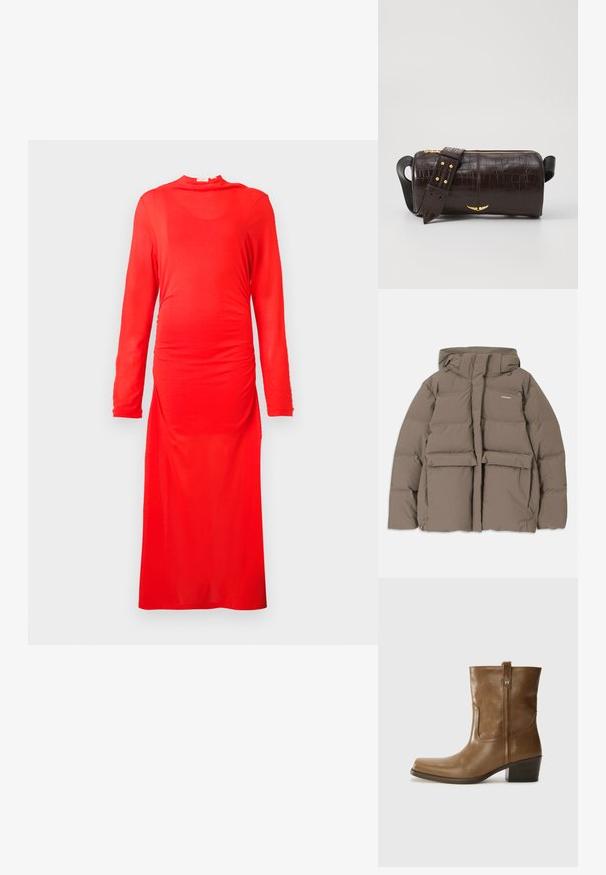 Jachetă puf cu glugă de culoare maro, cu fermoar frontal, două buzunare mari în față și o textură mată fină. Logo-ul brandului pe piept.; Rochie roșie cu mânecă lungă, confecționată dintr-un material neted și elastic. Prezintă detalii pliate la talie și un decolteu înalt, cu o croială lungă până la podea.; Botine din piele maro, cu vârf pătrat, finisaj texturat și toc mic, îngrămădit. Prezentă un tab de tragere la spate și detalii subtile de coasere.; Geantă din piele căptușită cu un model de crocodil de culoare maro, cu o formă cilindrică, accesorii de culoare aurie și un curea detasabilă cu tăieturi.