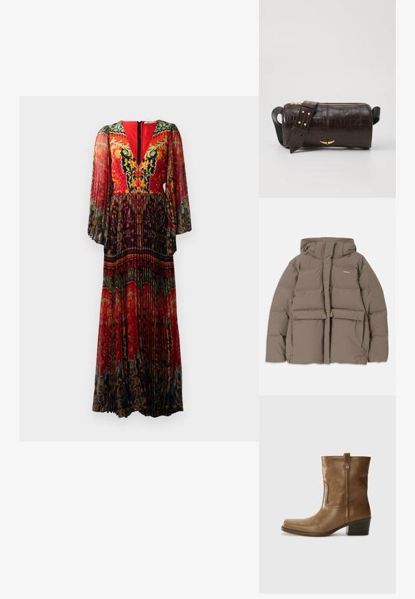 pruun puffer-jakk, millel on kapuuts, esi tõmblukk, kaks suurt eesmist taskut ja sile mati tekstuur. Brändi logo rinnal.; Pikk, voltitud kleit, millel on sügav V-kaelus, erksad punased ja lillemustrid ning läbipaistvad, kellukeselaadsed varrukad, millel on tumedam äär.; Pruun nahkne ankle boot ruudukujulise varbaga, tekstuuriga viimistluse ja madala virnastatud kontsaga. Sisaldab taga tõmbeaasat ja peeneid õmbluse detaile.; Pruunist krokodillimustrist nahast kott, millel on silindri kuju, kuldse tooni metalldetailid ja eemaldatav rihm, kus on nupud.