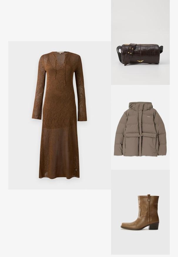 Brun oppustelig jakke med hætte, der har en frontlynlås, to store frontlommer og en glat, mat tekstur. Brandlogo på brystet.; Brun langærmet kjole lavet af blonde strikket stof, med en dyb V-udskæring og bånd detalje. Mønsteret strækning går gennem hele beklædningen.; Brun læder ankelstøvle med firkantet tå, tekstureret overflade og en lav stablet hæl. Har en bageste hælflap og subtile syningsdetaljer.; Brun krokodilleder taske med cylindrisk form, hardware i guld-tone, og en aftagelig rem med nitter.