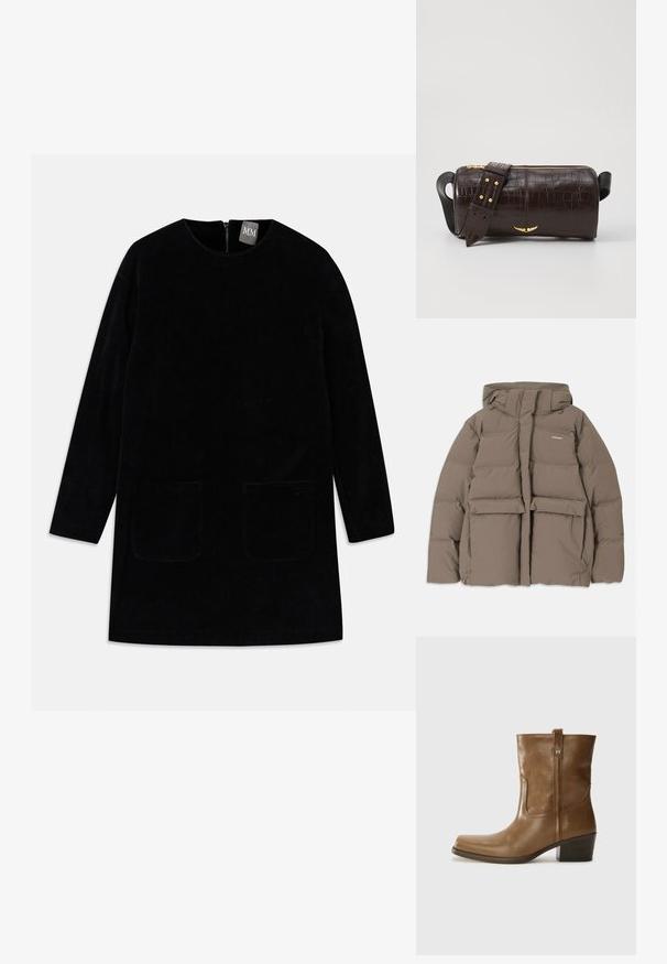 Giacca a vento marrone con cappuccio, dotata di una cerniera frontale, due grandi tasche anteriori e una texture opaca liscia. Logo del brand sul petto.; Abito in corduroy nero con maniche lunghe, collo alto e due tasche frontali. Presenta una cerniera sul retro per la chiusura e un tessuto testurizzato.; Stivale alla caviglia in pelle marrone con punta quadrata, finitura testurizzata e tacco basso incassato. Dotato di un pratico tassello posteriore e dettagli di cucitura sottili.; Borsa in pelle stampata a coccodrillo marrone con forma cilindrica, accessori in tonalità oro e una tracolla staccabile con borchie.