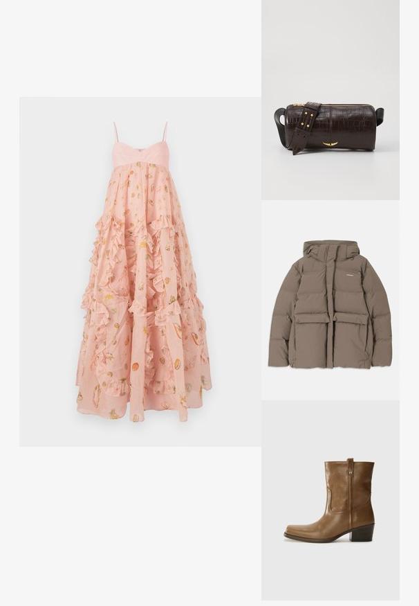 Braune Pufferjacke mit Kapuze, ausgestattet mit einem Frontreißverschluss, zwei großen Fronttaschen und einer glatten, matten Textur. Markenlogo auf der Brust.; Rosa Rüschkleid mit Spaghettiträgern, aus leichtem Stoff und mit einem Druckdesign von Meereslebewesen und Muscheln im gesamten Kleid.; Braune Leder-Ankle-Boots mit quadratischer Zehenform, strukturiertem Finish und niedrigem, gestapeltem Absatz. Ausgestattet mit einer Zuglasche auf der Rückseite und dezenten Stickdetails.; Braune, krokodilgeprägte Lederhandtasche mit zylindrischer Form, goldfarbener Hardware und einem abnehmbaren Tragegurt mit Nieten.