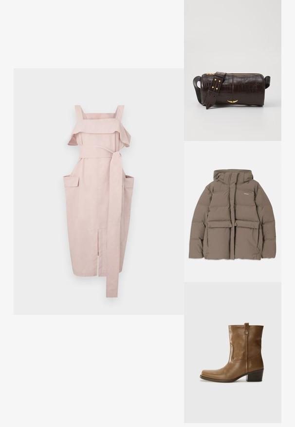 Hnedá púšťačka s kapucňou, s predným zipsom, dvoma veľkými prednými vreckami a hladkou matnou textúrou. Logo značky na hrudi.; Svetlo ružové šaty s riaseným výstrihom, širokými ramienkami, viazanie v páse a dvoma bočnými vreckami. Majú rovný strih a rozparok na leme.; Hnedé kožené členkové topánky so štvorcovou špičkou, textúrovaným povrchom a nízkym vrstveným podpätkom. Obsahujú zadný úchyt a diskrétne prešívanie.; Hnedá taška z kože s embosovaným vzorom krokodíla, cylindrického tvaru, so zlatými hardvérovými doplnkami a odnímateľným popruhom so štítkami.