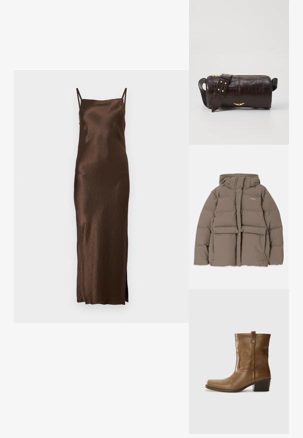 Barna puffermellény kapucnival, elülső cipzárral, két nagy elülső zsebével és sima matt felületével. Márkalogó a mellen.; Barna selyem maxi ruha vékony, állítható pántokkal, testhez álló szabással és oldalsó hasítékkal; gyűrött textúrával rendelkezik, ami plusz dimenziót ad.; Barna bőrből készült bokacsizma négyzet alakú orral, texturált felülettel és alacsony, rakott sarkával. Hátsó húzófüllel és finom varrási részletekkel rendelkezik.; Barna krokodilbőr hatású bőr táska henger alakú, arany tónusú fémveretekkel és lecsatolható, szegecsekkel díszített pánttal.