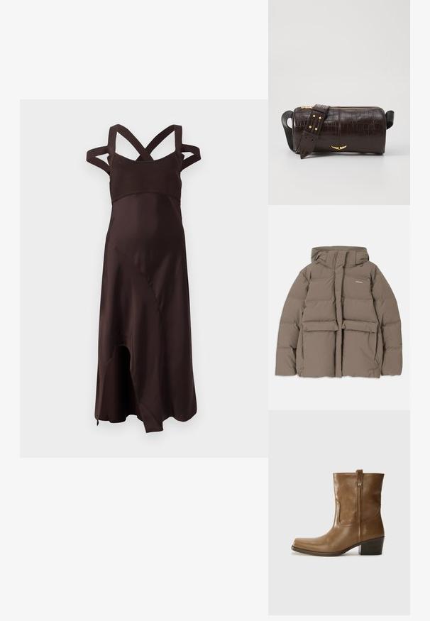 Brūna pūkainā jaka ar kapuci, ar priekšējo rāvējslēdzēju, divām lielām priekšējām kabatām un gludu matētu tekstūru. Zīmola logo uz krūškurvja.; Brūns satīna kleita ar pieguļošu bodiju un krusteniskām siksnām uz muguras. Iezīmē plūstošu, asimetrisku apakšmalu un gludu, mīkstu tekstūru.; Brūnas ādas potītes zābaki ar kvadrātveida degunu, struktūru apdari un zemu sakrautu papēdi. Ir aizmugurējais cilpiņu un smalkas šūšanas detaļas.; Brūna krokodila ādas soma ar cilindrisku formu, zelta toni aparatūru un noņemamu siksnu ar studiem.