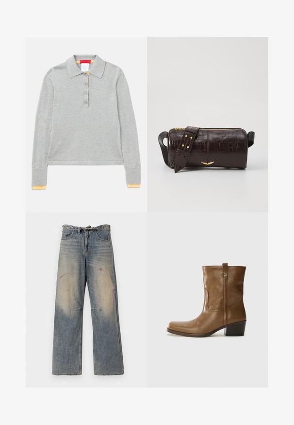 Veste en duvet marron avec capuche, dotée d'une fermeture éclair sur le devant, de deux grandes poches avant et d'une texture mate lisse. Logo de la marque sur la poitrine.; Polo à manches longues gris en tissu texturé, avec col à pointes, patte de boutonnage à quatre boutons et détail jaune sur les poignets.; Jean en denim bleu clair avec une coupe ample et droite. Caractéristiques de décoloration, d'effilochage et de détails usés près des genoux. Style classique à cinq poches.; Bottine en cuir marron avec un orteil carré, une finition texturée et un petit talon empilé. Présente une languette à l'arrière et des détails de couture subtils.; Sac en cuir embossé crocodile marron avec une forme cylindrique, quincaillerie dorée et une bandoulière détachable ornée de clous.