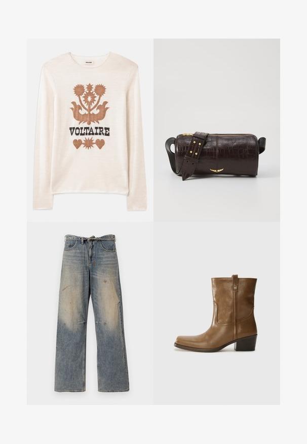 Giacca a vento marrone con cappuccio, dotata di una cerniera frontale, due grandi tasche anteriori e una texture opaca liscia. Logo del brand sul petto.; Maglione beige a maniche lunghe realizzato in morbido materiale, con un motivo floreale marrone e la parola "VOLTAIRE" in nero. Texture sottile e colore neutro.; Jeans in denim azzurro chiaro con una vestibilità ampia e gambe dritte. Presentano effetti di usura, scolorimento e dettagli strappati vicino alle ginocchia. Stile classico a cinque tasche.; Stivale alla caviglia in pelle marrone con punta quadrata, finitura testurizzata e tacco basso incassato. Dotato di un pratico tassello posteriore e dettagli di cucitura sottili.; Borsa in pelle stampata a coccodrillo marrone con forma cilindrica, accessori in tonalità oro e una tracolla staccabile con borchie.