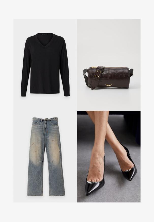 Barna puffermellény kapucnival, elülső cipzárral, két nagy elülső zsebével és sima matt felületével. Márkalogó a mellen.; Fekete, hosszú ujjú, V nyakú pulóver puha anyagból, laza fazonnal, bordázott részletekkel a galléron és az ujjakon.; Világoskék farmernadrág, laza, egyenes szabással. Serteszálas, kopott és szakadt részletek jellemzik a térd környékén. Klasszikus öt zsebes stílus.; Fekete bőrből készült magassarkú cipők, hegyes orral és nyitott kialakítással, dísz ezüst kiegészítővel. Simává polírozott textúrával.; Barna krokodilbőr hatású bőr táska henger alakú, arany tónusú fémveretekkel és lecsatolható, szegecsekkel díszített pánttal.