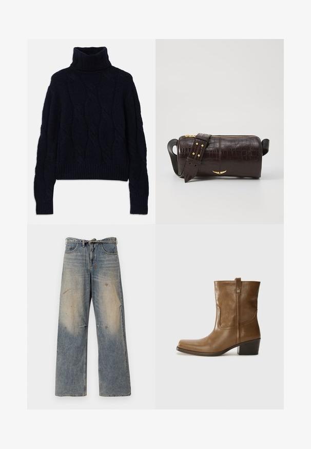 Braune Pufferjacke mit Kapuze, ausgestattet mit einem Frontreißverschluss, zwei großen Fronttaschen und einer glatten, matten Textur. Markenlogo auf der Brust.; Marineblauer, gestrickter Rollkragenpullover mit Kabelmuster, strukturiertem Stoff sowie gerippten Bündchen und Saum. Lockere Passform mit langen Ärmeln.; Helle blaue Denim-Jeans mit einem lockeren, geraden Schnitt. Verfügt über Ausbleichungen, Verwaschungen und abgenutzte Details an den Knien. Klassisches Fünf-Taschen-Design.; Braune Leder-Ankle-Boots mit quadratischer Zehenform, strukturiertem Finish und niedrigem, gestapeltem Absatz. Ausgestattet mit einer Zuglasche auf der Rückseite und dezenten Stickdetails.; Braune, krokodilgeprägte Lederhandtasche mit zylindrischer Form, goldfarbener Hardware und einem abnehmbaren Tragegurt mit Nieten.