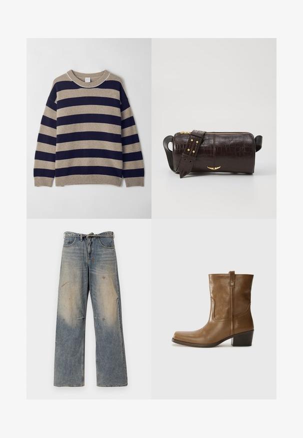 Ruske puffer jakna z kapuco, ki ima sprednji zadrgo, dva velika sprednja žepa in gladko mat teksturo. Logotip blagovne znamke na prsih.; Raidallinen neule beige ja tummansiniinen, valmistettu pehmeästä materiaalista. Ominaisuuksiin kuuluvat pyöreä pääntie, pudotetut olkapäät sekä ribbireunat hihoissa ja helmassa.; Vaaleansinisiä farkkuhousuja, joissa on löysä, suora lahje. Ominaisuuksiin kuuluvat kulutustiedot, haalistuminen ja kuluneet yksityiskohdat polvien lähellä. Klassinen viiden taskun tyyli.; Ruske nahkasaappaat nilkkamittaisella leikkauksella, neliönmuotoisella kärjellä, teksturoidulla pinnalla ja alhaisella pinottavalla korolla. Varustettu takana olevan vetotarran ja huomaamattomilla ompeleilla.; Ruskea krokotiilinkuosilla varustettu nahkalaukku, jossa on sylinterimäinen muoto, kultasävyiset yksityiskohdat ja irrotettava hihna, jossa on niittejä.