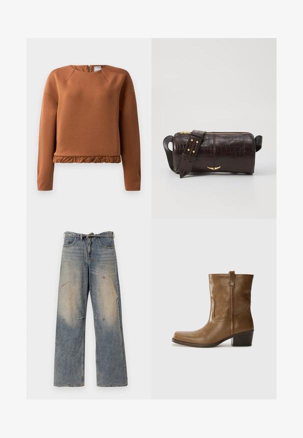 Chaqueta de abrigo marrón con capucha, que presenta un cierre frontal con cremallera, dos grandes bolsillos frontales y una textura mate suave. Logo de la marca en el pecho.; Sudadera marrón con cuello redondo, mangas largas y un dobladillo con volantes. Fabricada en una tela suave con un brillo sutil y cierre de cremallera en la parte posterior.; Jeans de mezclilla azul claro con un diseño suelto y de pierna recta. Presentan desvanecidos, desgaste y detalles rasgados cerca de las rodillas. Estilo clásico de cinco bolsillos.; Botín de cuero marrón hasta el tobillo, con punta cuadrada, acabado texturizado y un tacón bajo apilado. Presenta una pestaña trasera y detalles de costura sutiles.; Bolso de cuero marrón con estampado de cocodrilo, de forma cilíndrica, con herrajes en tono dorado y una correa desmontable con tachuelas.