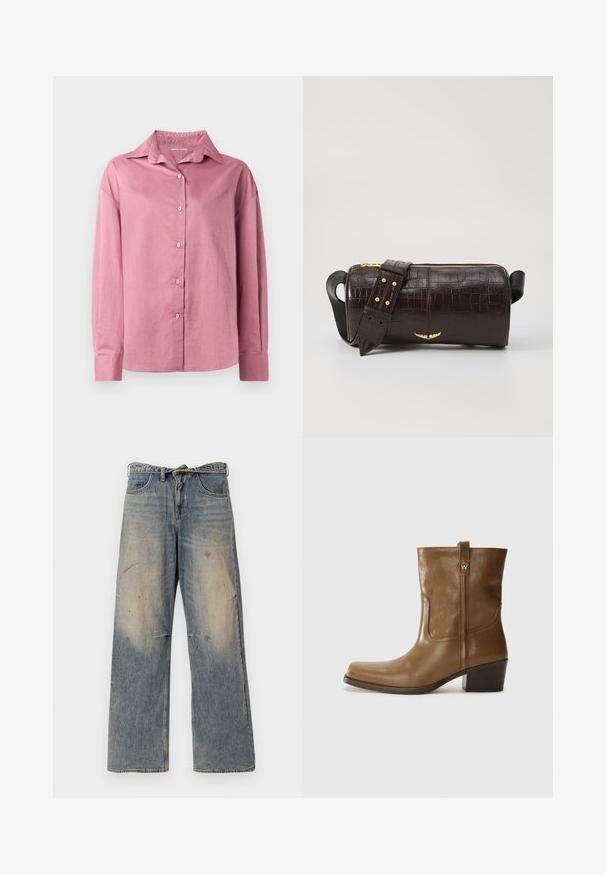 Brązowa kurtka puchowa z kapturem, z przednim zamkiem błyskawicznym, dwiema dużymi kieszeniami z przodu oraz gładką matową powierzchnią. Logo marki na klatce piersiowej.; Różowa koszula z długim rękawem, z wyraźnym kołnierzykiem i zapięciem na guziki z przodu. Miękka faktura i luźny krój z mankietami z zapięciem na guziki oraz bez widocznych wzorów.; Jasnoniebieskie dżinsy z luźnym krojem prostym. Posiadają efekty przetarć, blaknięcia oraz postrzępienia w okolicy kolan. Klasyczny pięciopocketowy styl.; Brązowy skórzany botek za kostkę z kwadratowym noskiem, teksturowanym wykończeniem i niskim, zakrytym obcasem. Posiada tylną pętelkę do zakładania oraz subtelne detale przeszycia.; Brązowa torba ze skóry z tłoczeniem krokodyla w kształcie cylindrycznym, z metalowymi elementami w kolorze złotym oraz odczepianym paskiem z ćwiekami.