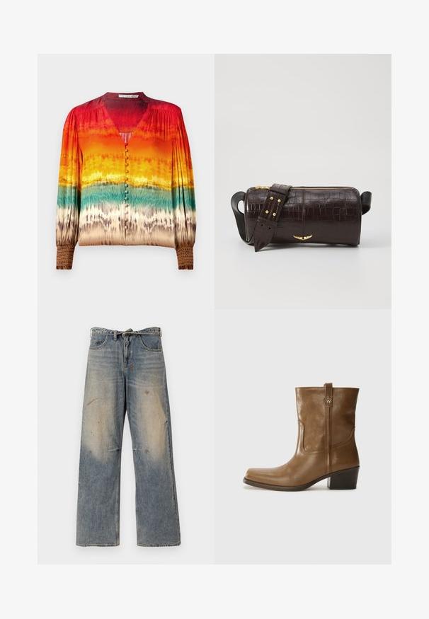 Brūna pūkainā jaka ar kapuci, ar priekšējo rāvējslēdzēju, divām lielām priekšējām kabatām un gludu matētu tekstūru. Zīmola logo uz krūškurvja.; Krāsains blūze ar gradienta rakstu no sarkanas uz oranžu un zaļu, ar v-veida kaklu, pogu priekšpusi un detaļām uz piedurknēm.; Gai zilgans džinsi ar brīvu, taisnu kāju dizainu. Iezīmējas ar noslīpēšanu, izbalēšanu un nolietojuma detaļām ap ceļgaliem. Klasisks piecu kabatu stils.; Brūnas ādas potītes zābaki ar kvadrātveida degunu, struktūru apdari un zemu sakrautu papēdi. Ir aizmugurējais cilpiņu un smalkas šūšanas detaļas.; Brūna krokodila ādas soma ar cilindrisku formu, zelta toni aparatūru un noņemamu siksnu ar studiem.