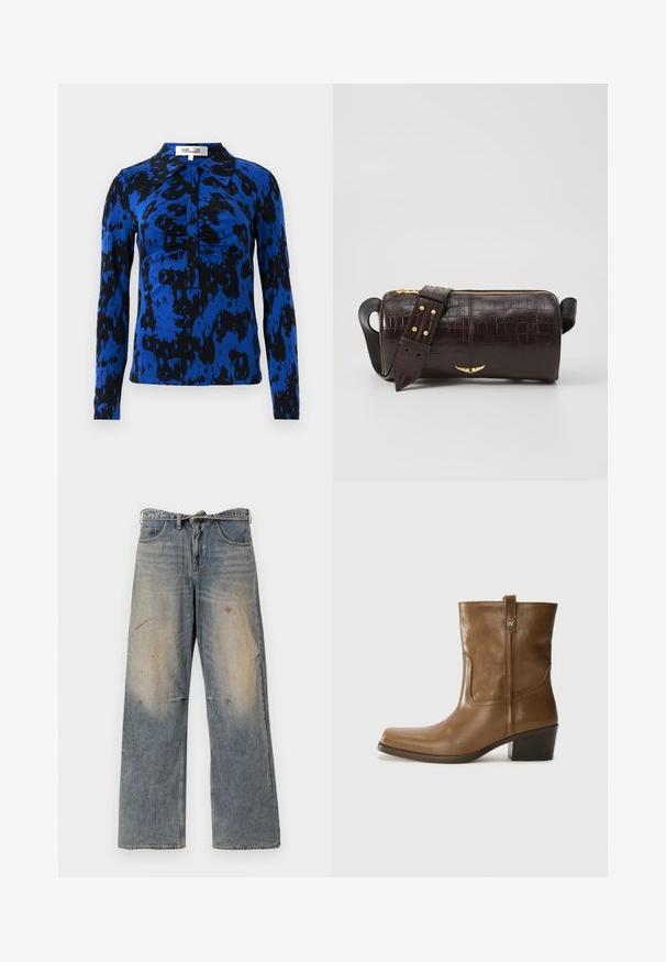 Barna puffermellény kapucnival, elülső cipzárral, két nagy elülső zsebével és sima matt felületével. Márkalogó a mellen.; Hosszú ujjú ing kék és fekete absztrakt mintázatban. Kerek nyakkivágással és gombos záródással rendelkezik, középen ráncolt részlettel.; Világoskék farmernadrág, laza, egyenes szabással. Serteszálas, kopott és szakadt részletek jellemzik a térd környékén. Klasszikus öt zsebes stílus.; Barna bőrből készült bokacsizma négyzet alakú orral, texturált felülettel és alacsony, rakott sarkával. Hátsó húzófüllel és finom varrási részletekkel rendelkezik.; Barna krokodilbőr hatású bőr táska henger alakú, arany tónusú fémveretekkel és lecsatolható, szegecsekkel díszített pánttal.