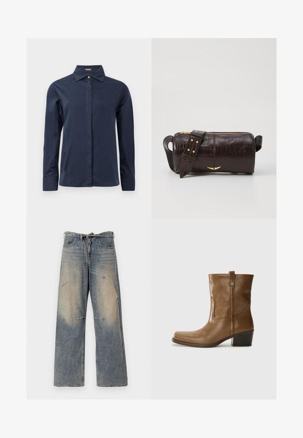 Veste en duvet marron avec capuche, dotée d'une fermeture éclair sur le devant, de deux grandes poches avant et d'une texture mate lisse. Logo de la marque sur la poitrine.; Chemise boutonnée à manches longues bleu marine, en tissu léger et lisse. Équipée d'un col classique et d'une patte de boutonnage discrète.; Jean en denim bleu clair avec une coupe ample et droite. Caractéristiques de décoloration, d'effilochage et de détails usés près des genoux. Style classique à cinq poches.; Bottine en cuir marron avec un orteil carré, une finition texturée et un petit talon empilé. Présente une languette à l'arrière et des détails de couture subtils.; Sac en cuir embossé crocodile marron avec une forme cylindrique, quincaillerie dorée et une bandoulière détachable ornée de clous.