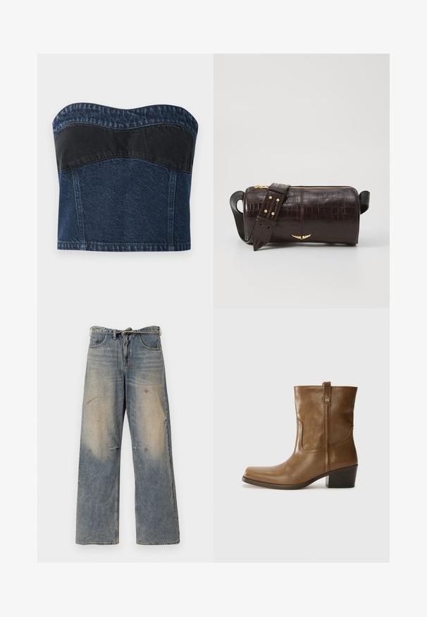 Brun oppustelig jakke med hætte, der har en frontlynlås, to store frontlommer og en glat, mat tekstur. Brandlogo på brystet.; Denim strapless top med et mørkeblåt design og en sort panel over den øverste sektion, glat tekstur og buet halsudskæring.; Lysblå denimjeans med et løst, lige ben-design. Har slidte, falmede og beskadigede detaljer nær knæene. Klassisk fem-lomme stil.; Brun læder ankelstøvle med firkantet tå, tekstureret overflade og en lav stablet hæl. Har en bageste hælflap og subtile syningsdetaljer.; Brun krokodilleder taske med cylindrisk form, hardware i guld-tone, og en aftagelig rem med nitter.