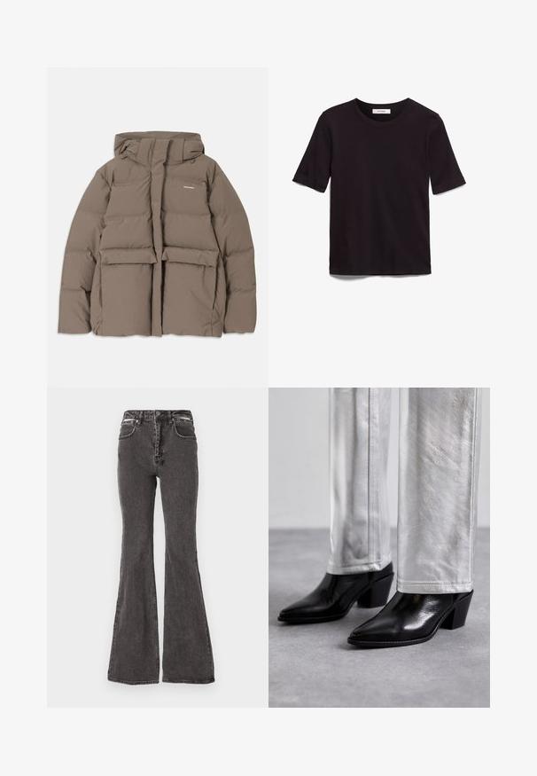 Veste en duvet marron avec capuche, dotée d'une fermeture éclair sur le devant, de deux grandes poches avant et d'une texture mate lisse. Logo de la marque sur la poitrine.; T-shirt noir à manches courtes en coton doux, avec un col rond et une texture lisse et uniforme, au design minimaliste.; Jean noir évasé en denim avec une texture délavée, comprenant des poches avant, des passants de ceinture et des éléments en métal à la taille.; Bottes noires en cuir à talon carré et bout pointu, associées à un pantalon argenté brillant, mettant en valeur des textures épurées et des couleurs contrastées.