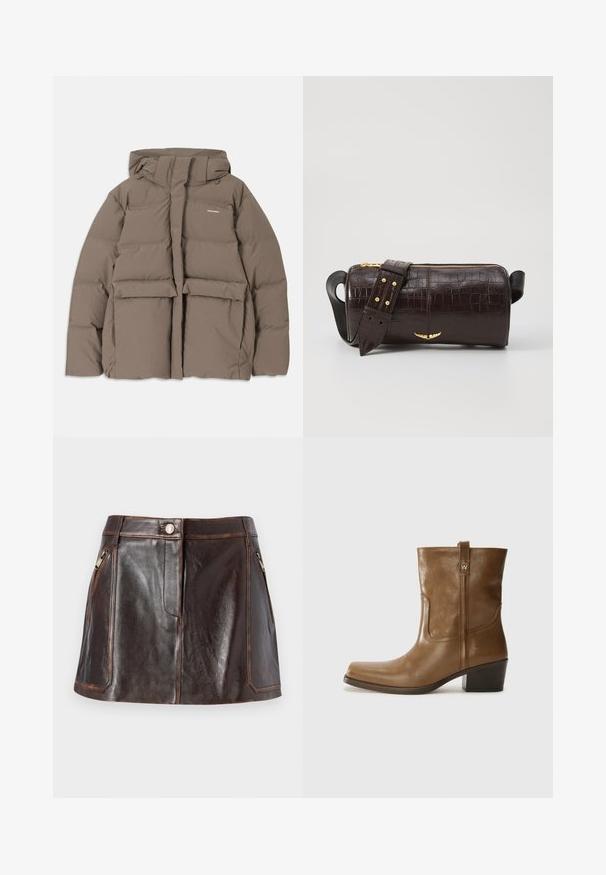 Braune Pufferjacke mit Kapuze, ausgestattet mit einem Frontreißverschluss, zwei großen Fronttaschen und einer glatten, matten Textur. Markenlogo auf der Brust.; Langärmliges, hellbeiges Oberteil mit rundem Ausschnitt. Aus weichem Stoff gefertigt, verfügt es über eine zentrale Naht und einen leicht geschwungenen Saum. Keine sichtbaren Beschläge.; Brauner Leder-Minirock mit einem eleganten Design, zwei mit Reißverschluss versehenen Seitentaschen und kontrastierenden Nähten entlang der Kanten.; Braune Leder-Ankle-Boots mit quadratischer Zehenform, strukturiertem Finish und niedrigem, gestapeltem Absatz. Ausgestattet mit einer Zuglasche auf der Rückseite und dezenten Stickdetails.; Braune, krokodilgeprägte Lederhandtasche mit zylindrischer Form, goldfarbener Hardware und einem abnehmbaren Tragegurt mit Nieten.