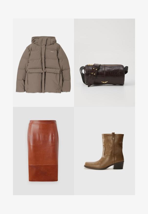 Casaco de puffer castanho com capuz, apresentando um fecho éclair frontal, dois grandes bolsos frontais e uma textura mate suave. Logótipo da marca no peito.; Camisola de mangas longas, bege claro, com decote redondo. Feita de um tecido macio, apresenta uma costura central e uma bainha ligeiramente curva. Sem ferragens visíveis.; Saias de lápis de couro castanho com uma textura suave, design até ao joelho e um brilho subtil. Apresenta uma cintura ajustada e bolsos laterais.; Bota de tornozelo em couro castanho com bico quadrado, acabamento texturizado e salto baixo em camadas. Apresenta uma alça na parte de trás e detalhes de costura discretos.; Bolsa de couro com textura de crocodilo na cor marrom, com forma cilíndrica, metalizações em tom dourado e uma alça destacável com tachas.