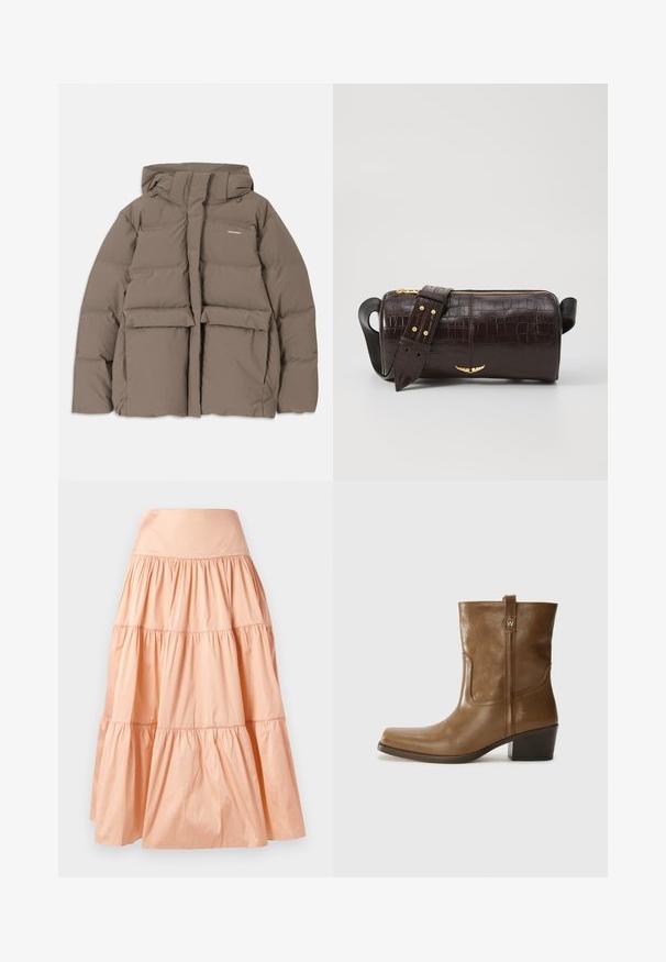 Rudas pūkinis švarkas su gaubtu, su priekiniais užtrauktukais, dviem didelėm priekinėm kišenėm ir lygiu matinio paviršiaus apdailu. Prekės ženklas ant krūtinės.; Ilgesnių rankovių, šviesiai bežinis viršus su apvaliu iškirpimu. Pagamintas iš minkštos medžiagos, turi centrinę siūlę ir šiek tiek kreivą apatinių kraštų liniją. Matomų detalių nėra.; Persiko spalvos, sluoksniuota sijonas pagamintas iš lengvos medžiagos. Yra platus liemuo ir švelni burbuliuojanti tekstūra visame paviršiuje.; Rudų odinių batų iki kulkšnies su kvadratiniu pirštu, tekstūruotu paviršiumi ir žemu sluoksniuota pakulne. Yra užpakalinis kilpas ir subtilūs siuvinėjimo detalės.; Ruda krokodilo odspaudo odinė rankinė cilindro formos, su auksinėmis detalėmis ir nuimamu dirželiu, papuoštu studelėmis.