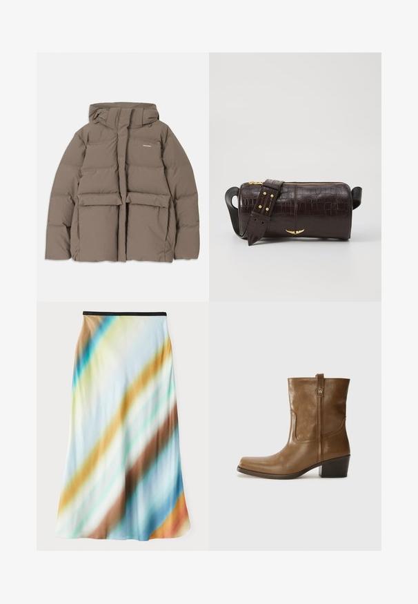 pruun puffer-jakk, millel on kapuuts, esi tõmblukk, kaks suurt eesmist taskut ja sile mati tekstuur. Brändi logo rinnal.; Pikkade varrukatega helesinine topp ümmarguse kaelusega. Valmistatud pehmest kangast, sisaldab keskset õmblust ja kergelt kaardus serva. Ei ole nähtavat riistvara.; Midi seelik heas valikus, voolavas kangas. Omab gradueeritud mustrit diagonaalsete triipudega sinises, pruunis ja kreemjas värvitoonis. Must vöökoht.; Pruun nahkne ankle boot ruudukujulise varbaga, tekstuuriga viimistluse ja madala virnastatud kontsaga. Sisaldab taga tõmbeaasat ja peeneid õmbluse detaile.; Pruunist krokodillimustrist nahast kott, millel on silindri kuju, kuldse tooni metalldetailid ja eemaldatav rihm, kus on nupud.