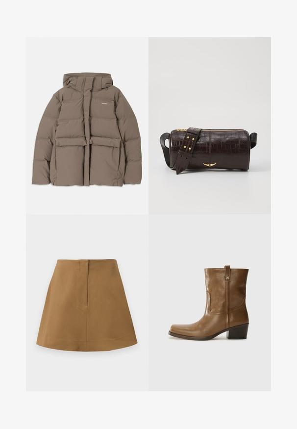 Bruine pufferjack met capuchon, voorzien van een ritssluiting aan de voorkant, twee grote voorzakken en een gladde matte textuur. Merklogo op de borst.; Langsleeve, lichtbeige top met een ronde halslijn. Gemaakt van zachte stof, heeft een centrale naad en een iets gebogen rand. Geen zichtbare hardware.; Bruine rok met een uitlopende silhouet, gemaakt van een gladde stof. Kenmerkt zich door een eenvoudige tailleband en een achternaaddetail.; Bruine lederen enkelboot met een vierkante neus, gestructureerde afwerking en een lage blokhak. Voorzien van een handige achterste lus en subtiele stikdetails.; Bruine krokodil-embosserende leren tas met een cilindervorm, gouden hardware en een afneembare schouderband met studs.