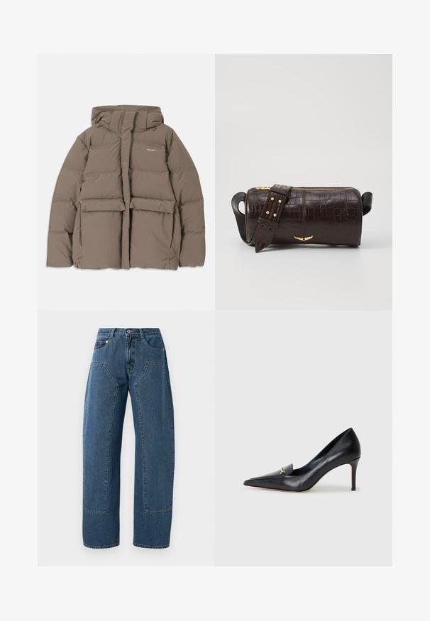 pruun puffer-jakk, millel on kapuuts, esi tõmblukk, kaks suurt eesmist taskut ja sile mati tekstuur. Brändi logo rinnal.; Pikkade varrukatega helesinine topp ümmarguse kaelusega. Valmistatud pehmest kangast, sisaldab keskset õmblust ja kergelt kaardus serva. Ei ole nähtavat riistvara.; Sinine teksariie, laia jala, suurte esipocketitega, nööpide sulgemise ja vöökohaga.; Mustmust musta kinga terava nina, madala lõikega vamp ja dekoratiivne kuldne aksessuaar. Omab stilettokandikut ja sileda tekstuuri.; Pruunist krokodillimustrist nahast kott, millel on silindri kuju, kuldse tooni metalldetailid ja eemaldatav rihm, kus on nupud.