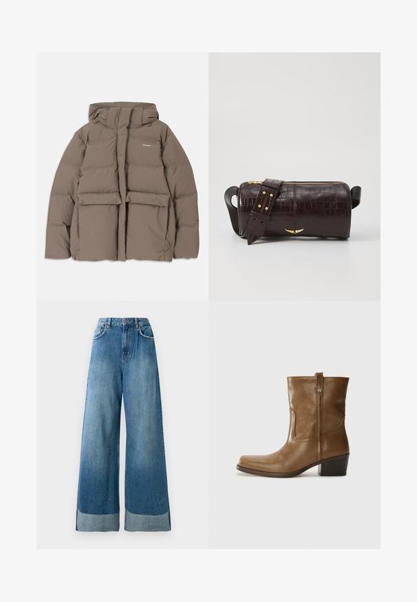 Rudas pūkinis švarkas su gaubtu, su priekiniais užtrauktukais, dviem didelėm priekinėm kišenėm ir lygiu matinio paviršiaus apdailu. Prekės ženklas ant krūtinės.; Ilgesnių rankovių, šviesiai bežinis viršus su apvaliu iškirpimu. Pagamintas iš minkštos medžiagos, turi centrinę siūlę ir šiek tiek kreivą apatinių kraštų liniją. Matomų detalių nėra.; Aukštos juosmens plačios mėlynos džinsinės kelnes su priekinėmis kišenėmis, mygtuko kišimu ir matomomis išblukusiomis apyrankėmis ant krašto.; Rudų odinių batų iki kulkšnies su kvadratiniu pirštu, tekstūruotu paviršiumi ir žemu sluoksniuota pakulne. Yra užpakalinis kilpas ir subtilūs siuvinėjimo detalės.; Ruda krokodilo odspaudo odinė rankinė cilindro formos, su auksinėmis detalėmis ir nuimamu dirželiu, papuoštu studelėmis.