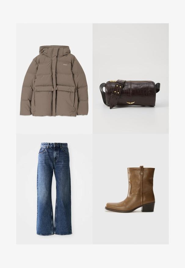 Brown puffer jacket with a hood, featuring a front zipper, two large front pockets, and a smooth matte texture. Brand logo on chest.; Long-sleeve, light beige top with a round neckline. Made of soft fabric, features a central seam and slightly curved hem. No visible hardware.; Wide-leg blue denim jeans with a high waist. Features classic five-pocket design, contrasting stitching, and a slightly faded finish.; Brown leather ankle boot with a square toe, textured finish, and a low stacked heel. Features a rear pull tab and subtle stitching details.; Brown crocodile-embossed leather bag with a cylindrical shape, gold-tone hardware, and a detachable strap featuring studs.