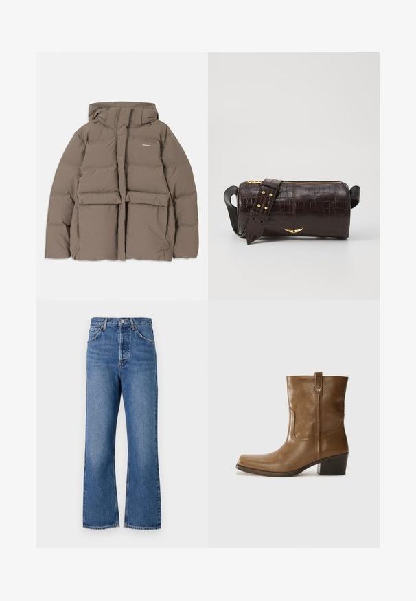 Bruine pufferjack met capuchon, voorzien van een ritssluiting aan de voorkant, twee grote voorzakken en een gladde matte textuur. Merklogo op de borst.; Langsleeve, lichtbeige top met een ronde halslijn. Gemaakt van zachte stof, heeft een centrale naad en een iets gebogen rand. Geen zichtbare hardware.; High-waisted blauwe denim jeans met een rechte pijp, voorzien van vijf zakken en subtiele vervaging. Klassieke knoopsluiting en stiksels als accent.; Bruine lederen enkelboot met een vierkante neus, gestructureerde afwerking en een lage blokhak. Voorzien van een handige achterste lus en subtiele stikdetails.; Bruine krokodil-embosserende leren tas met een cilindervorm, gouden hardware en een afneembare schouderband met studs.