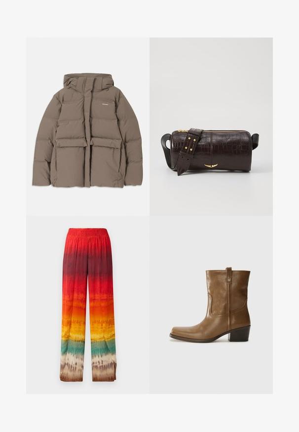 Veste en duvet marron avec capuche, dotée d'une fermeture éclair sur le devant, de deux grandes poches avant et d'une texture mate lisse. Logo de la marque sur la poitrine.; Haut à manches longues, beige clair avec un col rond. Fait dans un tissu doux, il présente une couture centrale et un ourlet légèrement courbé. Pas de métal visible.; Pantalons larges avec un motif dégradé en rouge, orange, jaune et vert. Fabriqués en tissu lisse et léger avec une taille élastique.; Bottine en cuir marron avec un orteil carré, une finition texturée et un petit talon empilé. Présente une languette à l'arrière et des détails de couture subtils.; Sac en cuir embossé crocodile marron avec une forme cylindrique, quincaillerie dorée et une bandoulière détachable ornée de clous.