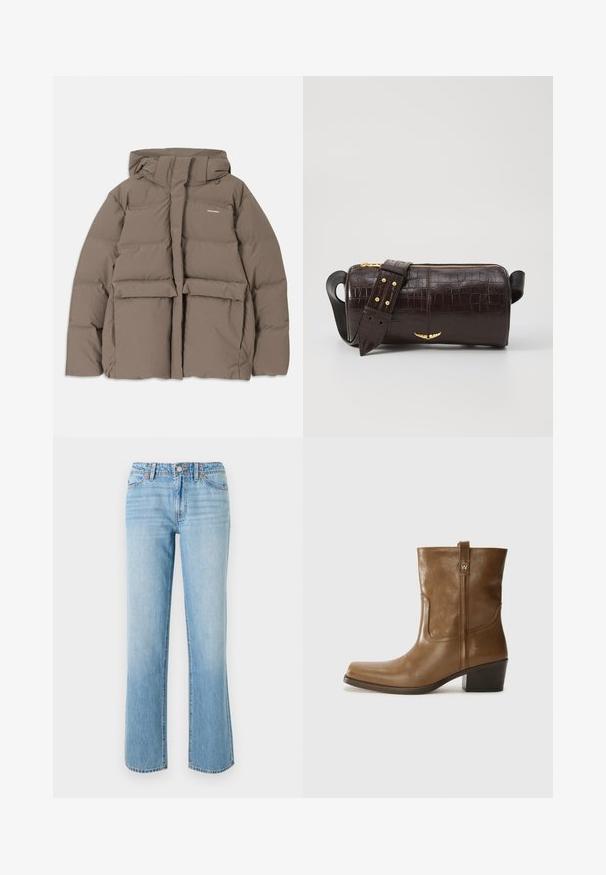 Casaco de puffer castanho com capuz, apresentando um fecho éclair frontal, dois grandes bolsos frontais e uma textura mate suave. Logótipo da marca no peito.; Camisola de mangas longas, bege claro, com decote redondo. Feita de um tecido macio, apresenta uma costura central e uma bainha ligeiramente curva. Sem ferragens visíveis.; RE/DONE THE SANASA - Calças de ganga de corte relaxado - media noche; Bota de tornozelo em couro castanho com bico quadrado, acabamento texturizado e salto baixo em camadas. Apresenta uma alça na parte de trás e detalhes de costura discretos.; Bolsa de couro com textura de crocodilo na cor marrom, com forma cilíndrica, metalizações em tom dourado e uma alça destacável com tachas.