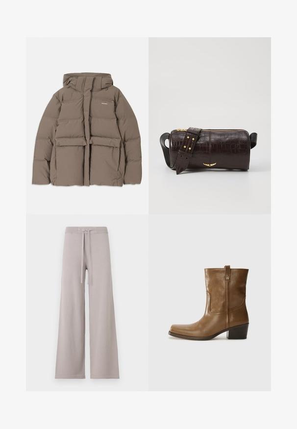 Brūna pūkainā jaka ar kapuci, ar priekšējo rāvējslēdzēju, divām lielām priekšējām kabatām un gludu matētu tekstūru. Zīmola logo uz krūškurvja.; Ilgi piedurkņu, gaiši bēšas krāsas blūze ar apaļu dekoltē. Izgatavota no mīksta auduma, ar centrālo šuvi un nedaudz izliekta apakšmala. Nav redzamu papildus elementu.; Gaišpelēku, plaša piegriezuma svārki izgatavoti no mīksta auduma. Iedvesmojoša ribota josta ar auklu un smalks šuvums apakšmalā.; Brūnas ādas potītes zābaki ar kvadrātveida degunu, struktūru apdari un zemu sakrautu papēdi. Ir aizmugurējais cilpiņu un smalkas šūšanas detaļas.; Brūna krokodila ādas soma ar cilindrisku formu, zelta toni aparatūru un noņemamu siksnu ar studiem.