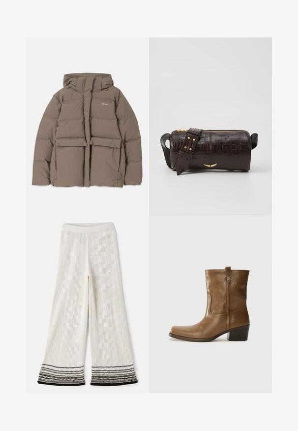 Bruine pufferjack met capuchon, voorzien van een ritssluiting aan de voorkant, twee grote voorzakken en een gladde matte textuur. Merklogo op de borst.; Langsleeve, lichtbeige top met een ronde halslijn. Gemaakt van zachte stof, heeft een centrale naad en een iets gebogen rand. Geen zichtbare hardware.; Crème ribgebreide broek met een textuur. De zoom heeft gelaagde zwart-witte strepen. Elastische tailleband voor een comfortabele pasvorm.; Bruine lederen enkelboot met een vierkante neus, gestructureerde afwerking en een lage blokhak. Voorzien van een handige achterste lus en subtiele stikdetails.; Bruine krokodil-embosserende leren tas met een cilindervorm, gouden hardware en een afneembare schouderband met studs.