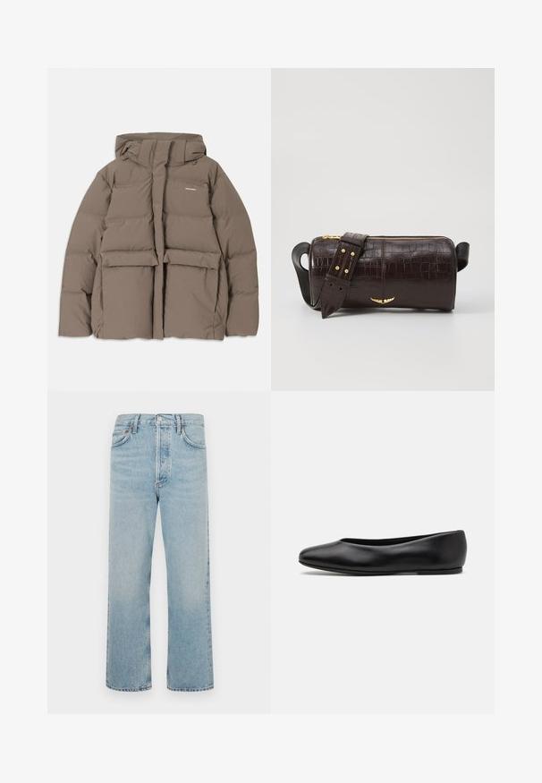 Casaco de puffer castanho com capuz, apresentando um fecho éclair frontal, dois grandes bolsos frontais e uma textura mate suave. Logótipo da marca no peito.; Camisola de mangas longas, bege claro, com decote redondo. Feita de um tecido macio, apresenta uma costura central e uma bainha ligeiramente curva. Sem ferragens visíveis.; Jeans de ganga azul claro com um design de perna reta, cinco bolsos e detalhes em tom cobre. Bainha crua com desbotamento sutil e textura.; Paul Smith TOPANGA - Sabrinas - black; Bolsa de couro com textura de crocodilo na cor marrom, com forma cilíndrica, metalizações em tom dourado e uma alça destacável com tachas.