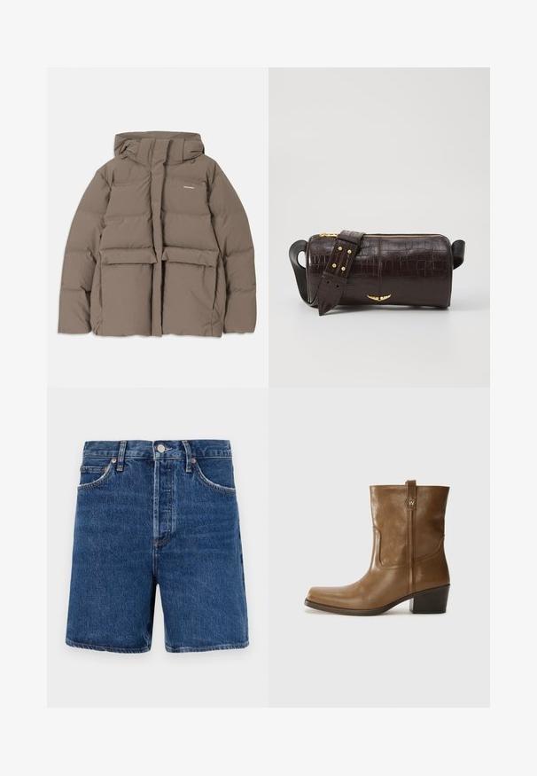 Rudas pūkinis švarkas su gaubtu, su priekiniais užtrauktukais, dviem didelėm priekinėm kišenėm ir lygiu matinio paviršiaus apdailu. Prekės ženklas ant krūtinės.; Ilgesnių rankovių, šviesiai bežinis viršus su apvaliu iškirpimu. Pagamintas iš minkštos medžiagos, turi centrinę siūlę ir šiek tiek kreivą apatinių kraštų liniją. Matomų detalių nėra.; Tamsiai mėlyni džinsiniai šortai klasikinio kirpimo, su penkiomis kišenėmis, sagčių uždarymu ir kontrastingais oranžiniais siuvinėjimo akcentais.; Rudų odinių batų iki kulkšnies su kvadratiniu pirštu, tekstūruotu paviršiumi ir žemu sluoksniuota pakulne. Yra užpakalinis kilpas ir subtilūs siuvinėjimo detalės.; Ruda krokodilo odspaudo odinė rankinė cilindro formos, su auksinėmis detalėmis ir nuimamu dirželiu, papuoštu studelėmis.