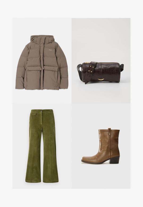 Bruine pufferjack met capuchon, voorzien van een ritssluiting aan de voorkant, twee grote voorzakken en een gladde matte textuur. Merklogo op de borst.; Langsleeve, lichtbeige top met een ronde halslijn. Gemaakt van zachte stof, heeft een centrale naad en een iets gebogen rand. Geen zichtbare hardware.; Olijfgroene corduroy flare broek met een gladde textuur, voorzakken en een knoopsluiting aan de voorkant. Verticale ribbelstructuur over de gehele broek.; Bruine lederen enkelboot met een vierkante neus, gestructureerde afwerking en een lage blokhak. Voorzien van een handige achterste lus en subtiele stikdetails.; Bruine krokodil-embosserende leren tas met een cilindervorm, gouden hardware en een afneembare schouderband met studs.