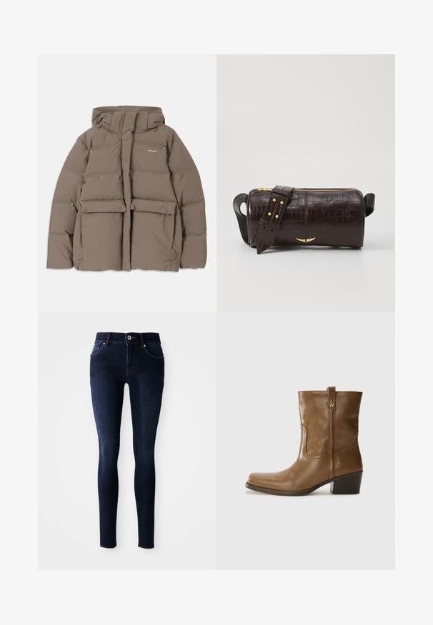 Chaqueta de abrigo marrón con capucha, que presenta un cierre frontal con cremallera, dos grandes bolsillos frontales y una textura mate suave. Logo de la marca en el pecho.; Top de manga larga, color beige claro, con cuello redondo. Fabricado en un tejido suave, presenta una costura central y un dobladillo ligeramente curvado. Sin herrajes visibles.; Vaqueros skinny de color azul oscuro hechos de denim, con una cintura alta, diseño de cinco bolsillos y detalles de costura en los bolsillos y la cinturilla.; Botín de cuero marrón hasta el tobillo, con punta cuadrada, acabado texturizado y un tacón bajo apilado. Presenta una pestaña trasera y detalles de costura sutiles.; Bolso de cuero marrón con estampado de cocodrilo, de forma cilíndrica, con herrajes en tono dorado y una correa desmontable con tachuelas.