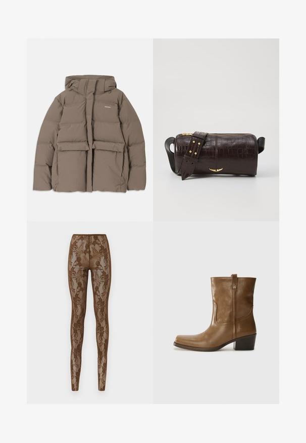 Brūna pūkainā jaka ar kapuci, ar priekšējo rāvējslēdzēju, divām lielām priekšējām kabatām un gludu matētu tekstūru. Zīmola logo uz krūškurvja.; Ilgi piedurkņu, gaiši bēšas krāsas blūze ar apaļu dekoltē. Izgatavota no mīksta auduma, ar centrālo šuvi un nedaudz izliekta apakšmala. Nav redzamu papildus elementu.; Brūnas mežģīņu legīnas ar ziedu rakstu, ar caurspīdīgu tekstūru un piestiprinātu dizainu. Augsts viduklis nodrošina ciešu piegulšanu, šuves ir gludas.; Brūnas ādas potītes zābaki ar kvadrātveida degunu, struktūru apdari un zemu sakrautu papēdi. Ir aizmugurējais cilpiņu un smalkas šūšanas detaļas.; Brūna krokodila ādas soma ar cilindrisku formu, zelta toni aparatūru un noņemamu siksnu ar studiem.