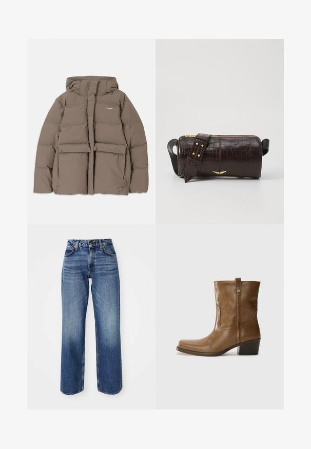 Hnedá púšťačka s kapucňou, s predným zipsom, dvoma veľkými prednými vreckami a hladkou matnou textúrou. Logo značky na hrudi.; Dlhý rukáv, svetlo béžový top s okrúhlym výstrihom. Vyrobený z mäkkej látky, má stredový šev a mierne zakrivený spodný okraj. Bez viditeľného hardvéru.; Svetlomodré džínsy s voľným strihom, s vysokým pásom, rovnými nohavicami a jemným vyblednutím. Vyrobené z denimu s viditeľným prešívaním a kovovými prvkami.; Hnedé kožené členkové topánky so štvorcovou špičkou, textúrovaným povrchom a nízkym vrstveným podpätkom. Obsahujú zadný úchyt a diskrétne prešívanie.; Hnedá taška z kože s embosovaným vzorom krokodíla, cylindrického tvaru, so zlatými hardvérovými doplnkami a odnímateľným popruhom so štítkami.