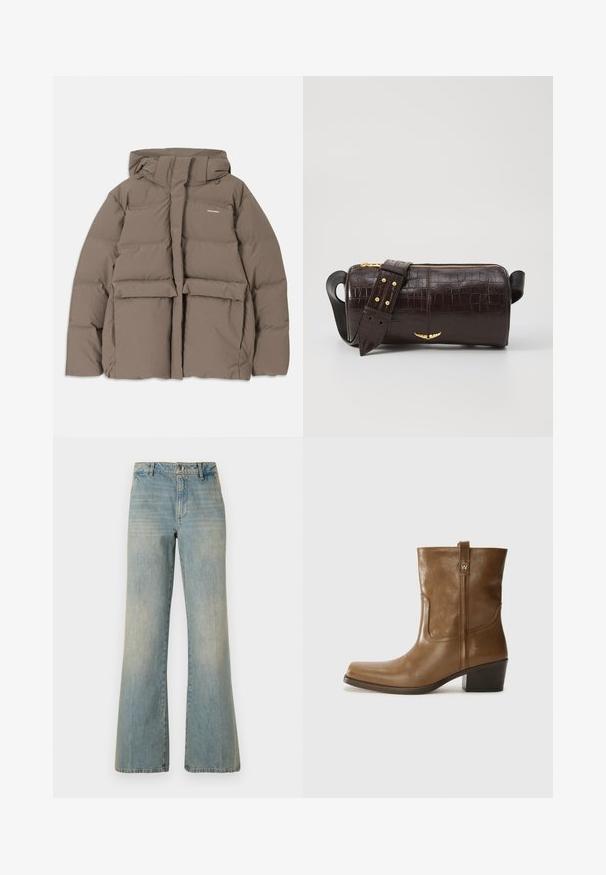 Braune Pufferjacke mit Kapuze, ausgestattet mit einem Frontreißverschluss, zwei großen Fronttaschen und einer glatten, matten Textur. Markenlogo auf der Brust.; Langärmliges, hellbeiges Oberteil mit rundem Ausschnitt. Aus weichem Stoff gefertigt, verfügt es über eine zentrale Naht und einen leicht geschwungenen Saum. Keine sichtbaren Beschläge.; Helle blaue Jeans mit weitem Bein und hohem Bund, Knopfverschluss und ausgebleichter Textur. Verfügt über ein klassisches Fünf-Taschen-Design und gerade Beine.; Braune Leder-Ankle-Boots mit quadratischer Zehenform, strukturiertem Finish und niedrigem, gestapeltem Absatz. Ausgestattet mit einer Zuglasche auf der Rückseite und dezenten Stickdetails.; Braune, krokodilgeprägte Lederhandtasche mit zylindrischer Form, goldfarbener Hardware und einem abnehmbaren Tragegurt mit Nieten.