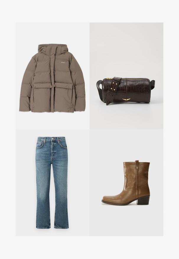Hnedá púšťačka s kapucňou, s predným zipsom, dvoma veľkými prednými vreckami a hladkou matnou textúrou. Logo značky na hrudi.; Dlhý rukáv, svetlo béžový top s okrúhlym výstrihom. Vyrobený z mäkkej látky, má stredový šev a mierne zakrivený spodný okraj. Bez viditeľného hardvéru.; Svetlomodré džíny z denimu s vysokým pásom, rovnými nohavicami a jemným obnosom. Obsahujú klasický dizajn s piatimi vreckami a kovové zapínanie na gombík.; Hnedé kožené členkové topánky so štvorcovou špičkou, textúrovaným povrchom a nízkym vrstveným podpätkom. Obsahujú zadný úchyt a diskrétne prešívanie.; Hnedá taška z kože s embosovaným vzorom krokodíla, cylindrického tvaru, so zlatými hardvérovými doplnkami a odnímateľným popruhom so štítkami.