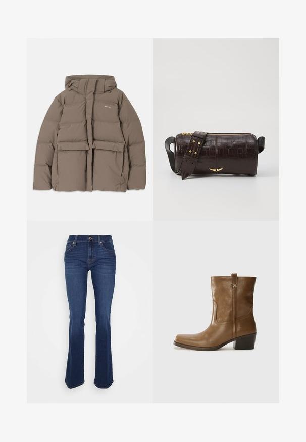 Veste en duvet marron avec capuche, dotée d'une fermeture éclair sur le devant, de deux grandes poches avant et d'une texture mate lisse. Logo de la marque sur la poitrine.; Haut à manches longues, beige clair avec un col rond. Fait dans un tissu doux, il présente une couture centrale et un ourlet légèrement courbé. Pas de métal visible.; Jean bleu évasé en denim, avec une taille haute, des poches avant et des coutures contrastées. Le tissu a une texture lisse.; Bottine en cuir marron avec un orteil carré, une finition texturée et un petit talon empilé. Présente une languette à l'arrière et des détails de couture subtils.; Sac en cuir embossé crocodile marron avec une forme cylindrique, quincaillerie dorée et une bandoulière détachable ornée de clous.