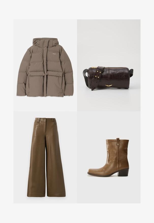 Barna puffermellény kapucnival, elülső cipzárral, két nagy elülső zsebével és sima matt felületével. Márkalogó a mellen.; Hosszú ujjú, világos bézs blúz kerek nyakkivágással. Puha anyagból készült, középső varrással és enyhén ívelt szegéllyel rendelkezik. Nincs rajta látható fémrész.; Simító, barna műbőrből készült, bőszárú nadrág. Magas derékkal, négy zsebbel és elülső cipzárral rendelkezik. Sima textúrájú és minimalista dizájnú.; Barna bőrből készült bokacsizma négyzet alakú orral, texturált felülettel és alacsony, rakott sarkával. Hátsó húzófüllel és finom varrási részletekkel rendelkezik.; Barna krokodilbőr hatású bőr táska henger alakú, arany tónusú fémveretekkel és lecsatolható, szegecsekkel díszített pánttal.