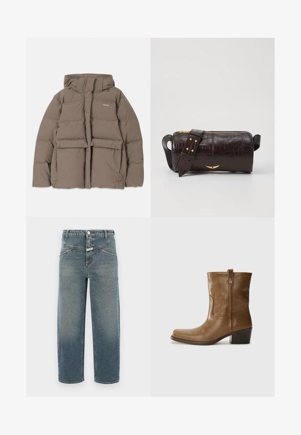 Rjava pihasta jakna s kapuco, ki ima sprednji zadrgo, dva velika sprednja žepa in gladko mat teksturo. Blagovna znamka je na prsih.; Dolga majica v svetlo bež barvi s okroglim izrezom. Narejena iz mehkega materiala, ima osrednji šiv in rahlo ukrivljen rob. Ni vidnih elementov.; CLOSED STOVER X - Kavbojke na korenček - mid blue; Rjave usnjene gležnjarje s kvadratnim nosom, teksturirano površino in nizko kvadratno peto. Imajo zadnji trak za enostavno obuvanje in subtilne šivane detajle.; Brah blaženka iz rjavega usnja z embosiranim krokodilom, cilindrične oblike, zlatih kovinskih elementov in odstranljivim pasom, ki vsebuje žebljičke.