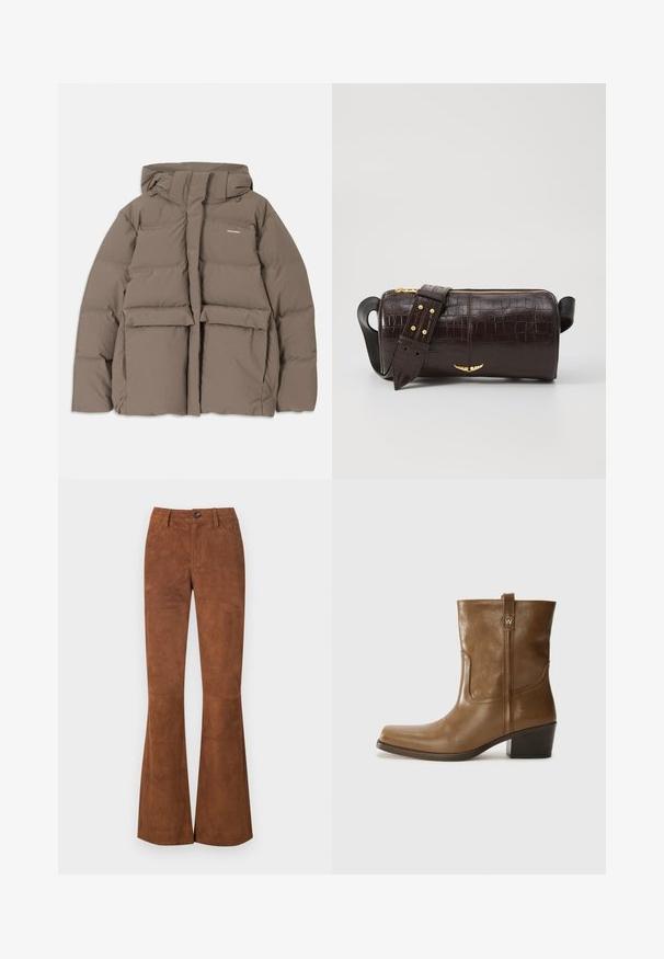 Brązowa kurtka puchowa z kapturem, z przednim zamkiem błyskawicznym, dwiema dużymi kieszeniami z przodu oraz gładką matową powierzchnią. Logo marki na klatce piersiowej.; Długi rękaw, jasnobeżowa bluzka z okrągłym dekoltem. Wykonana z miękkiego materiału, posiada centralny szew oraz lekko zaokrąglony dół. Brak widocznych elementów metalowych.; Brązowe spodnie dzwony wykonane z materiału przypominającego zamsz, z zapinaniem na guziki z przodu, szlufkami na pasek oraz dwiema kieszeniami z przodu. Gładka tekstura na całej powierzchni.; Brązowy skórzany botek za kostkę z kwadratowym noskiem, teksturowanym wykończeniem i niskim, zakrytym obcasem. Posiada tylną pętelkę do zakładania oraz subtelne detale przeszycia.; Brązowa torba ze skóry z tłoczeniem krokodyla w kształcie cylindrycznym, z metalowymi elementami w kolorze złotym oraz odczepianym paskiem z ćwiekami.