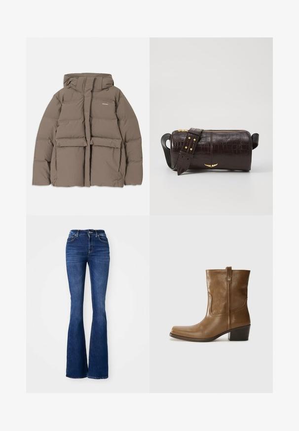 Ruske puffer jakna z kapuco, ki ima sprednji zadrgo, dva velika sprednja žepa in gladko mat teksturo. Logotip blagovne znamke na prsih.; Pitkähihainen, vaaleanbeige paita, jossa on pyöreä kaula-aukko. Valmistettu pehmeästä kankaasta, jossa on keskeinen sauma ja hieman kaareva helma. Ei näkyvää metalliosaa.; Tummansiniset levenevät farkut, joissa on korkea vyötärö, valmistettu denimmateriaalista, ja joissa on erottuva ommel sekä etunapitus.; Ruske nahkasaappaat nilkkamittaisella leikkauksella, neliönmuotoisella kärjellä, teksturoidulla pinnalla ja alhaisella pinottavalla korolla. Varustettu takana olevan vetotarran ja huomaamattomilla ompeleilla.; Ruskea krokotiilinkuosilla varustettu nahkalaukku, jossa on sylinterimäinen muoto, kultasävyiset yksityiskohdat ja irrotettava hihna, jossa on niittejä.