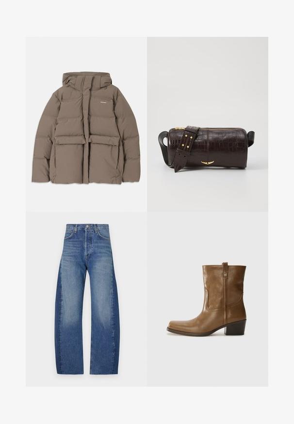 Rudas pūkinis švarkas su gaubtu, su priekiniais užtrauktukais, dviem didelėm priekinėm kišenėm ir lygiu matinio paviršiaus apdailu. Prekės ženklas ant krūtinės.; Ilgesnių rankovių, šviesiai bežinis viršus su apvaliu iškirpimu. Pagamintas iš minkštos medžiagos, turi centrinę siūlę ir šiek tiek kreivą apatinių kraštų liniją. Matomų detalių nėra.; Džinsai su šviesiai tamsiai mėlynu gradientu, pasižymintys laisvu plačia kojos siluetu, penkių kišenių dizainu ir matomais siuvinėjimo detalėmis.; Rudų odinių batų iki kulkšnies su kvadratiniu pirštu, tekstūruotu paviršiumi ir žemu sluoksniuota pakulne. Yra užpakalinis kilpas ir subtilūs siuvinėjimo detalės.; Ruda krokodilo odspaudo odinė rankinė cilindro formos, su auksinėmis detalėmis ir nuimamu dirželiu, papuoštu studelėmis.